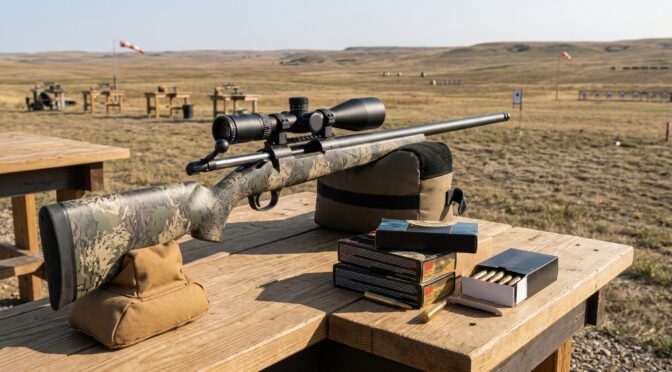 Rifle on shooting bench with 6.5-06 ammunition boxes, range in background.