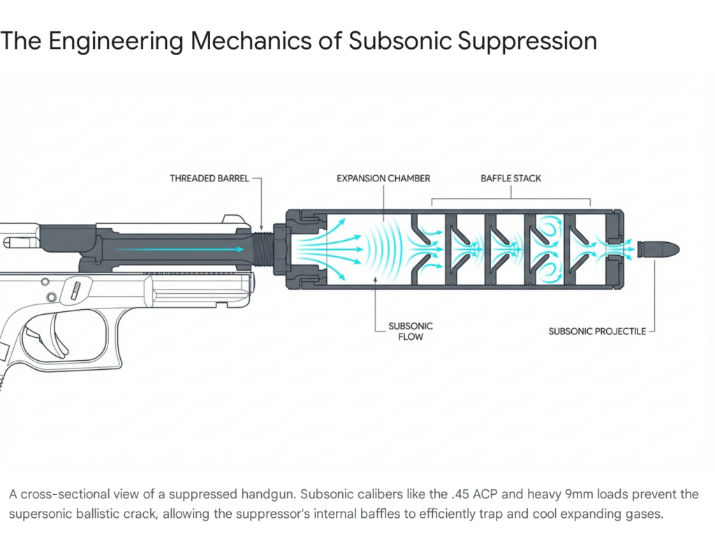 Handgun suppressor diagram: threaded barrel, expansion chamber, baffle stack, subsonic projectile.