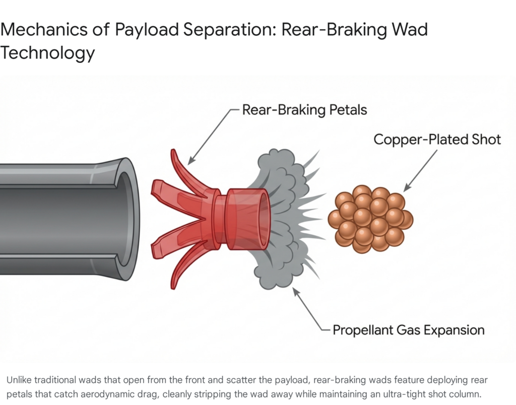Rear-braking wad technology diagram: petals, copper shot, propellant gas expansion. Mechanics of payload separation.