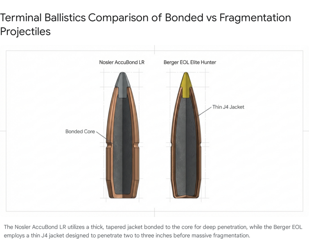 Bonded vs fragmentation projectiles: Nosler AccuBond LR &amp; Berger EOL Elite Hunter. Deep vs shallow penetration.