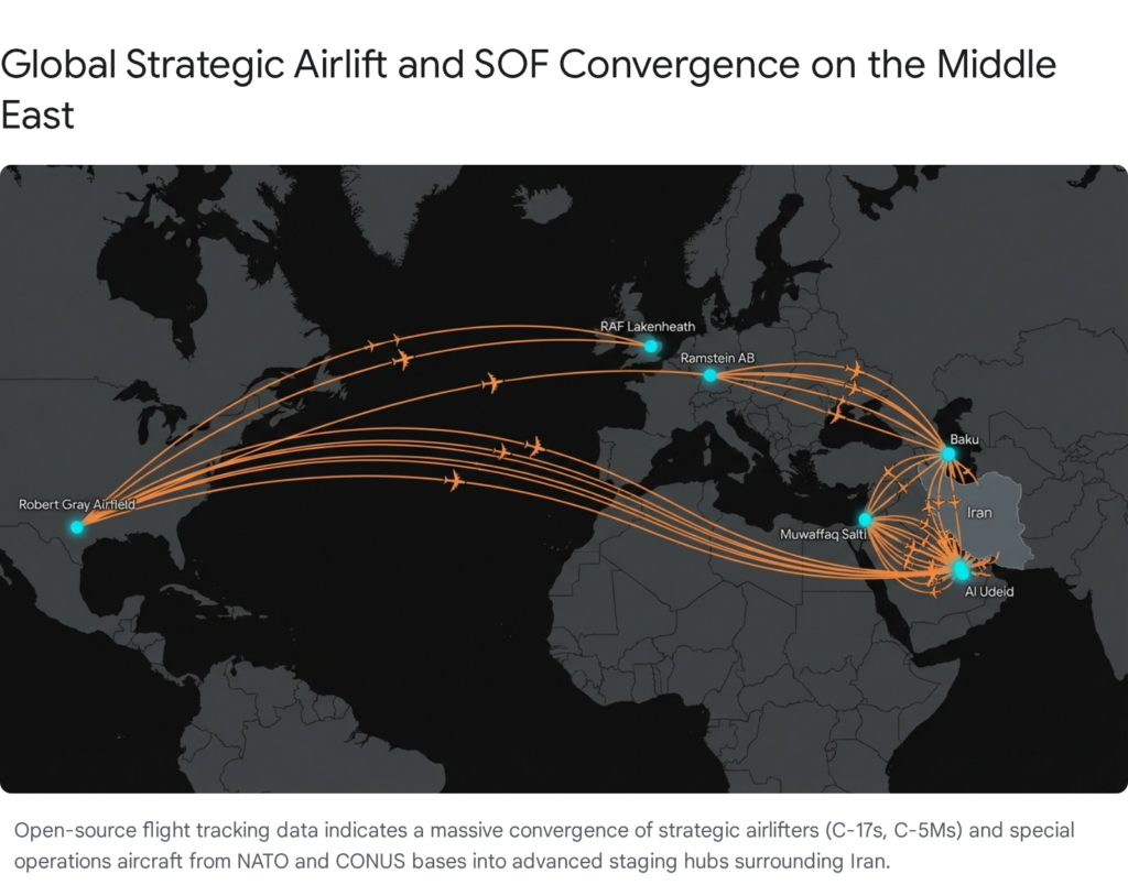 Global strategic airlift map showing convergence on the Middle East from NATO/CONUS bases, indicating potential ground invasion.