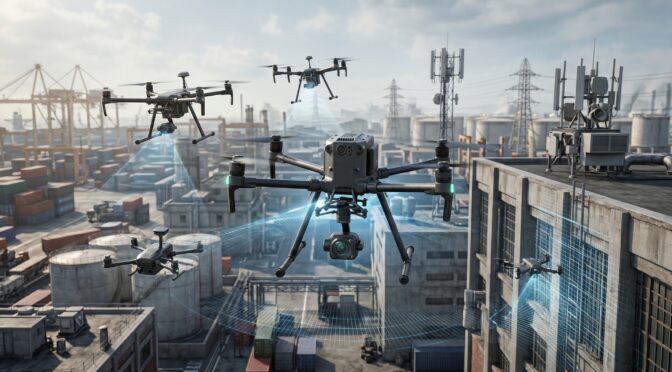 Drones surveil industrial port with shipping containers and power lines.