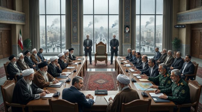 Iranian officials meeting at a long table in a formal setting.