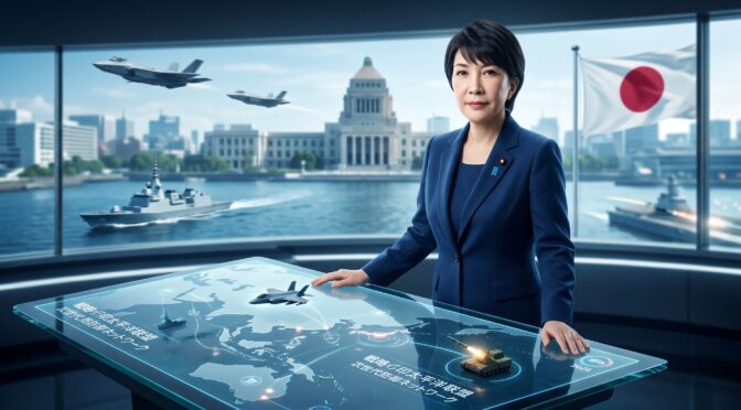 Japanese official with defense tech display, jets, ships, and Japan flag visible.