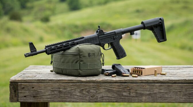 Kel-Tec RDB Defender rifle on table with ammo and pouch.