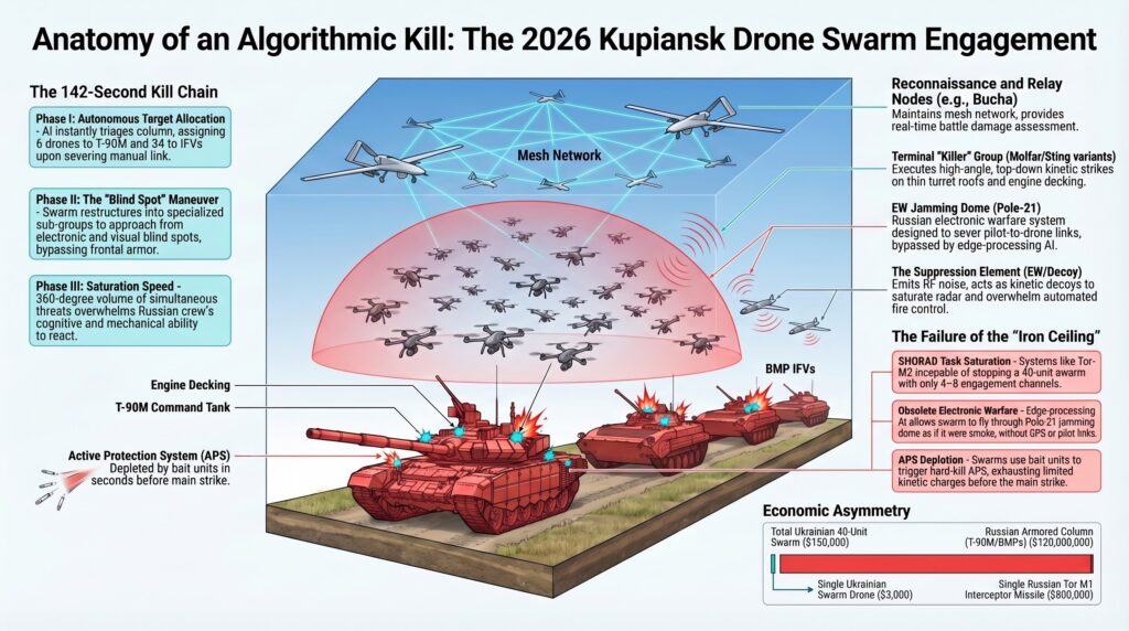 2026 Kupiansk drone swarm attack on Russian armor, showing kill chain phases and economic asymmetry.