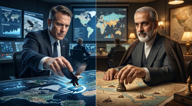 Two leaders strategizing with maps, one with eagle hologram, the other with chess piece.