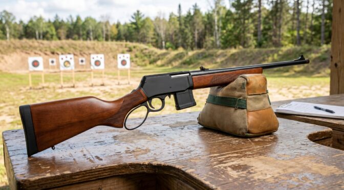 Lever-action rifle rests on a shooting rest at an outdoor range with targets in the background.