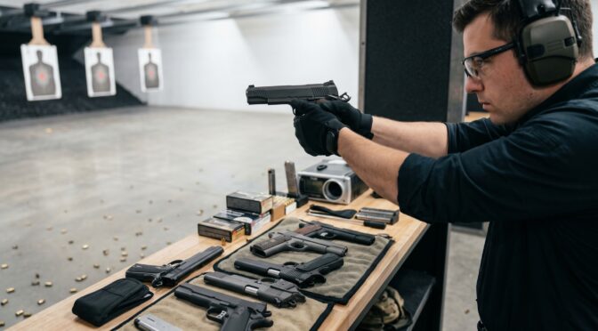 Man firing pistol at indoor shooting range with multiple handguns on table.