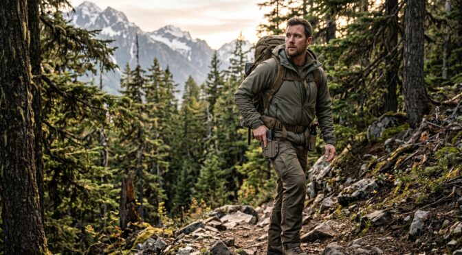 Man hiking in mountains with tactical gear and backpack.
