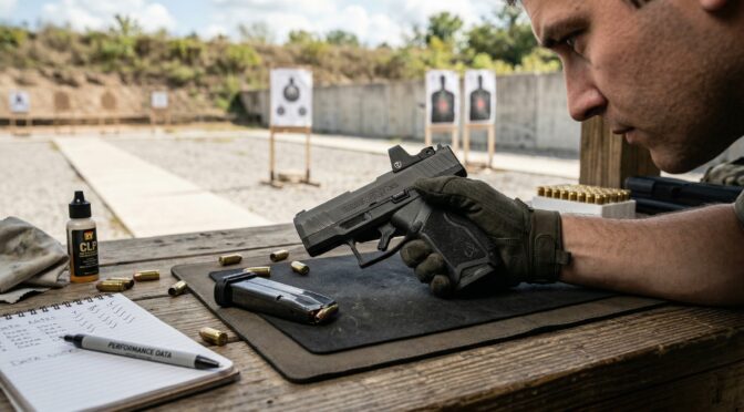 Man inspecting Taurus GX4XL pistol at shooting range, with targets in background.