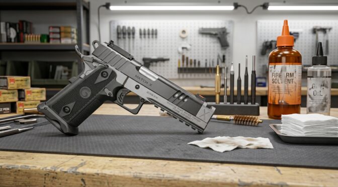 Gray Match X 1911 pistol on cleaning mat with firearm solvent and gun oil.