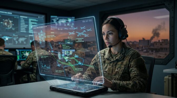 Military intelligence analyst monitors autonomous drone swarm on holographic display.