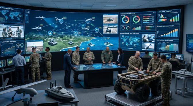 Military personnel in a command center analyze a large holographic display showing global threats and drone operations.