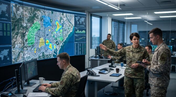 Military personnel in control room analyzing map data on large screens.