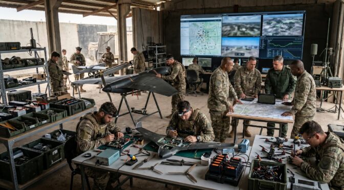 Military personnel work on drones and review maps in a command center with a large screen displaying maps.