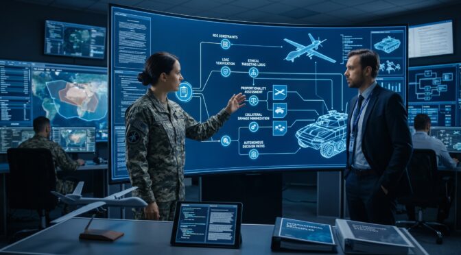 Military officers discuss drone targeting logic on a large curved screen.