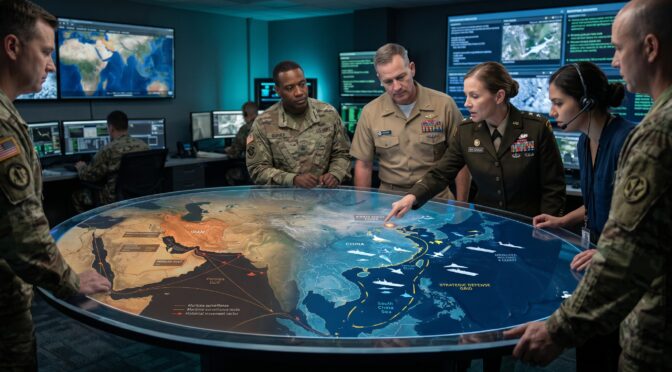 Military leaders analyze a holographic map of China and the Middle East.