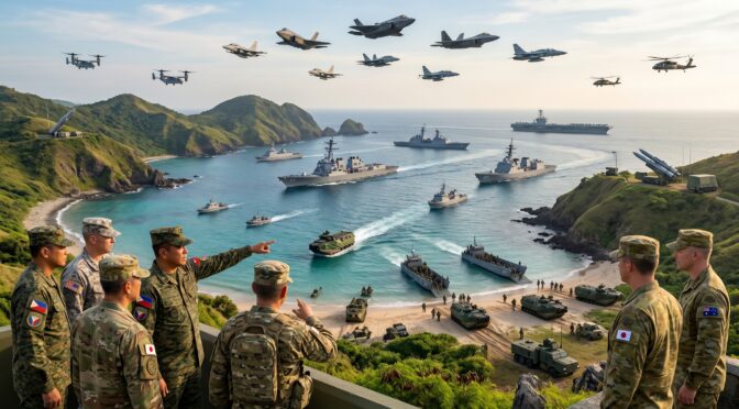 Military forces conduct joint exercise with naval fleet and aircraft in coastal bay.