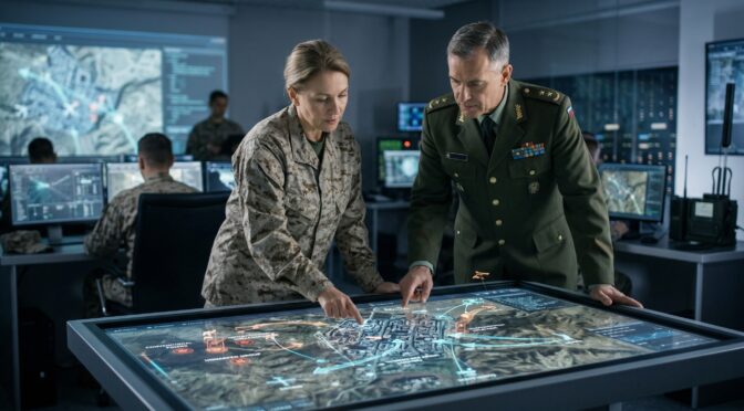 Military officers strategizing over interactive map in command center.