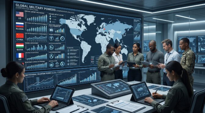 Military personnel analyze global military power data on a large interactive screen.
