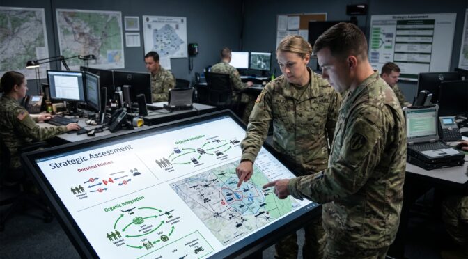Military personnel analyze a strategic assessment map on a large interactive display.