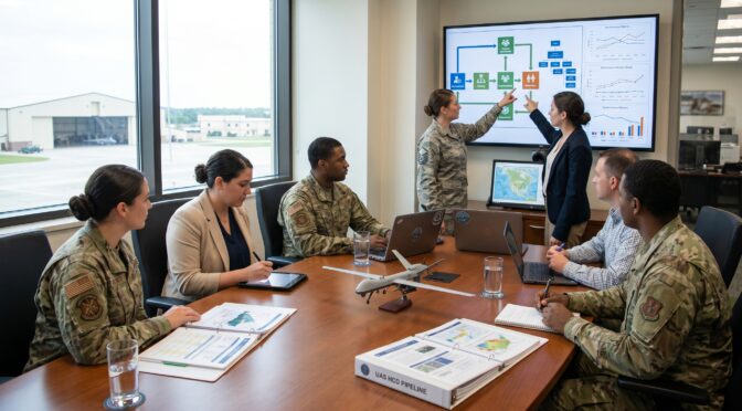 Military personnel discuss UAS HCD pipeline on a large screen.