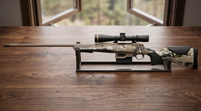 Modern rifle with camouflage stock and scope on a wooden table