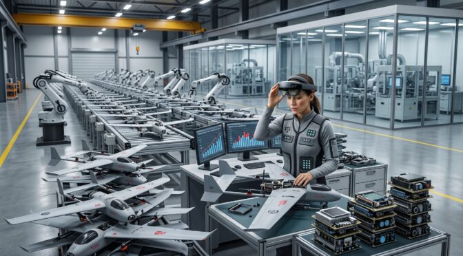 Woman in AR headset in a modern factory with drones and robotic arms