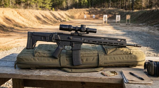 Modern sporting rifle with scope on shooting range, targets in background.