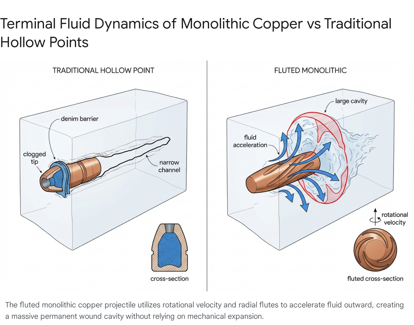 Monolithic copper vs traditional hollow point bullets: Terminal fluid dynamics comparison.