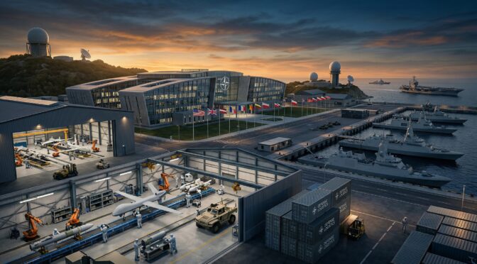 NATO naval base with ships, aircraft, and defense logistics facility.