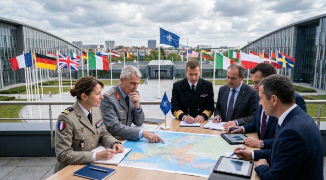 NATO officials planning strategy, map and flags in background.