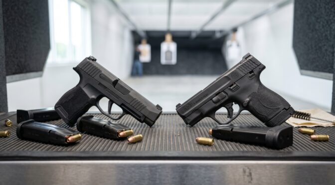 Two pistols on shooting range with magazines and ammo.