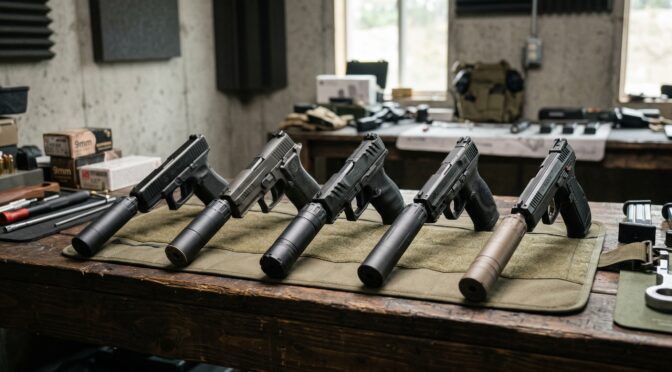 Five pistol suppressors lined up on a workbench, showcasing top pistol suppressor options.