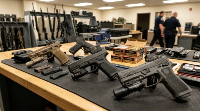 Law enforcement duty weapons: 9mm pistols and rifles are displayed on a table in an armory.