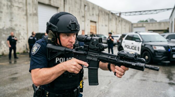 Police officer aiming rifle with tactical gear, patrol car in background.