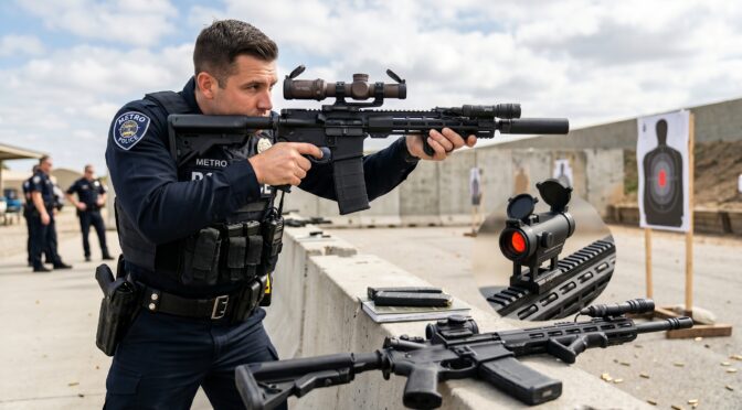 Police officer aims AR-15 rifle with optic at shooting range targets