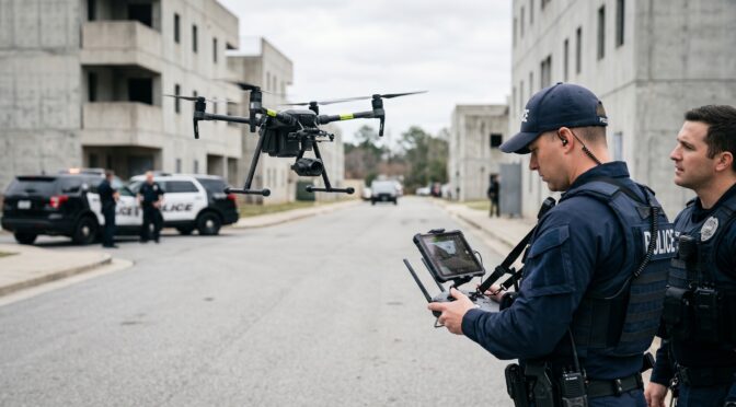 Police officers operate drone in urban training environment.