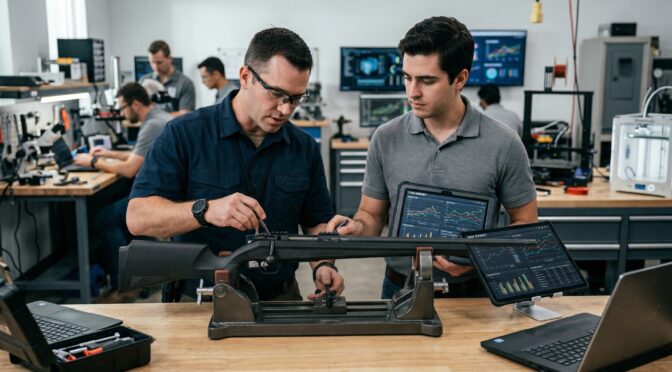 Engineers analyze a rifle with data on tablets, part of engineering analysis of 2026 rifle launches.