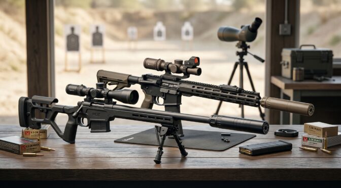 Rifles with suppressors, ammunition, and a spotting scope on a table at a shooting range.