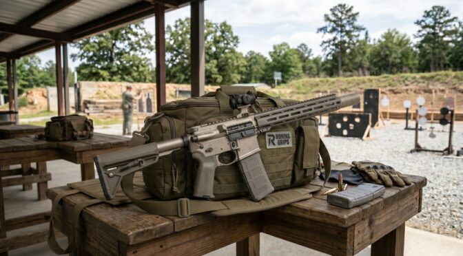 Ronin's Grips AR-15 rifle and gear at outdoor shooting range