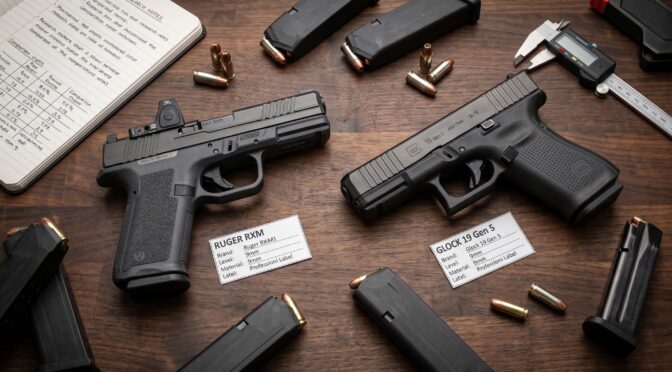 Ruger RXARI vs Glock 19 Gen 5 comparison with ammo and calipers.