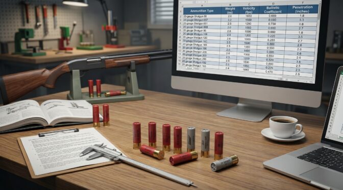 Shotgun shells and data spreadsheet on a desk with a shotgun.