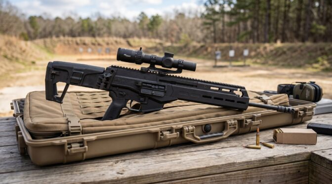 SIG SAUER CROSS rifle with scope on case at shooting range.