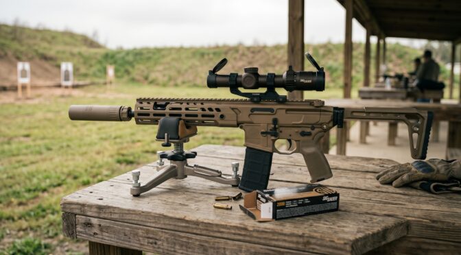 Sig Sauer MCX Rattler SBR with suppressor and optic on shooting range table.