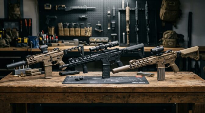 Three SIG Sauer MCX rifles on a workbench, gun wall in background.