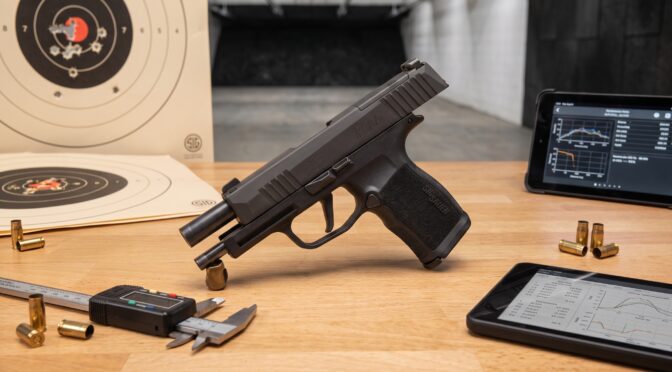 SIG Sauer P365 pistol with ammunition, target, and measuring tools on a wooden table.
