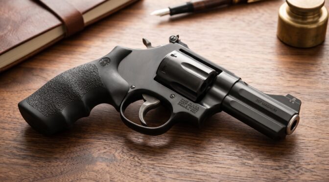 Black Smith & Wesson .357 Magnum revolver on a wooden desk.