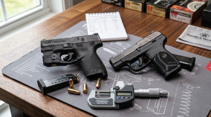Smith & Wesson Bodyguard and Ruger LCP Max pistols on a mat with ammunition and a micrometer.